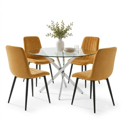 Modern Round Glass Dining Table Set with 4 Velvet Dining Chairs 4 Seater Set