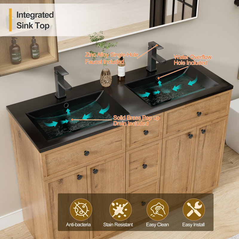 48" Modern Farmhouse Double Sink Bathroom Vanity With Resin Sink Top, Natural Wood Tune, Assembly Required, Oak, 48"