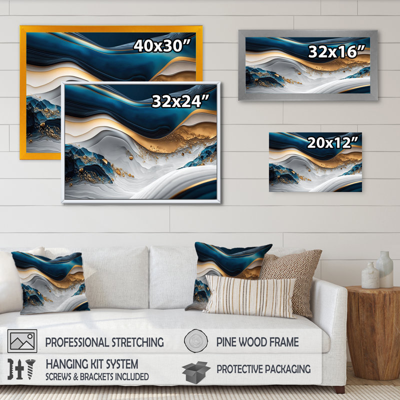 «Abstract Geode Waves Blue II», art mural abstrait, Cadre simple noir, H 16 po x l 32 po x P 1 po