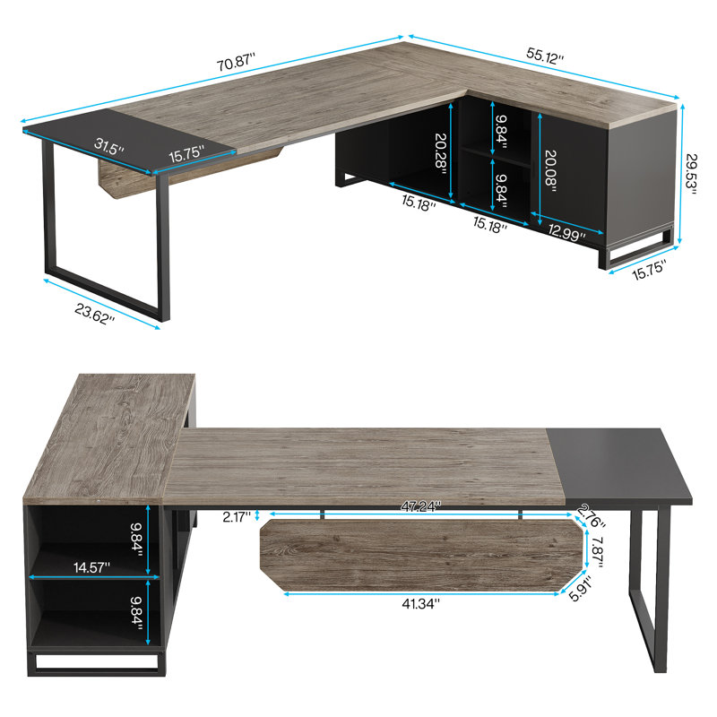 Laphonso Large L-Shaped Executive Desk, Gray/Black