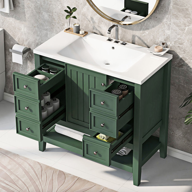 Rigden 36''Bathroom Vanity with Ceramic Top, One Cabinet and Three Drawers, Green