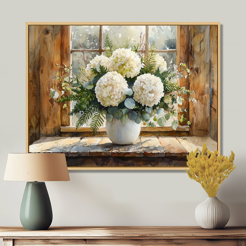 Bouquet d'hortensias «Barnyard Beauty» - hydrangées, décoration murale, H 12 po x l 20 po, Cadre flottant, Naturel