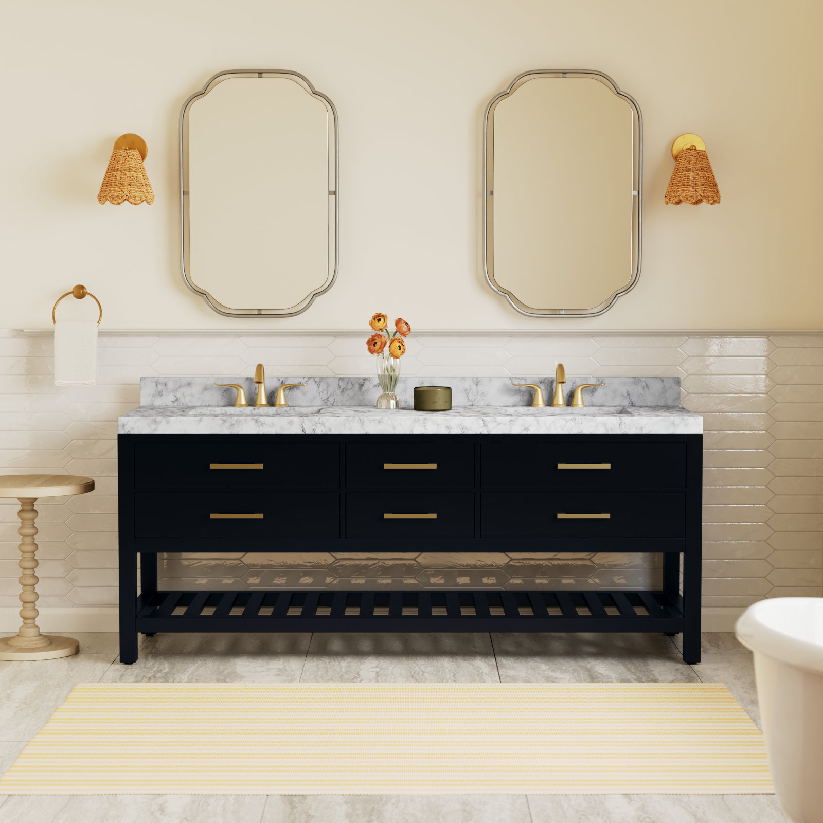 Carrie 72" Carrara Marble Double Bathroom Vanity, Black Onyx | Brushed Gold