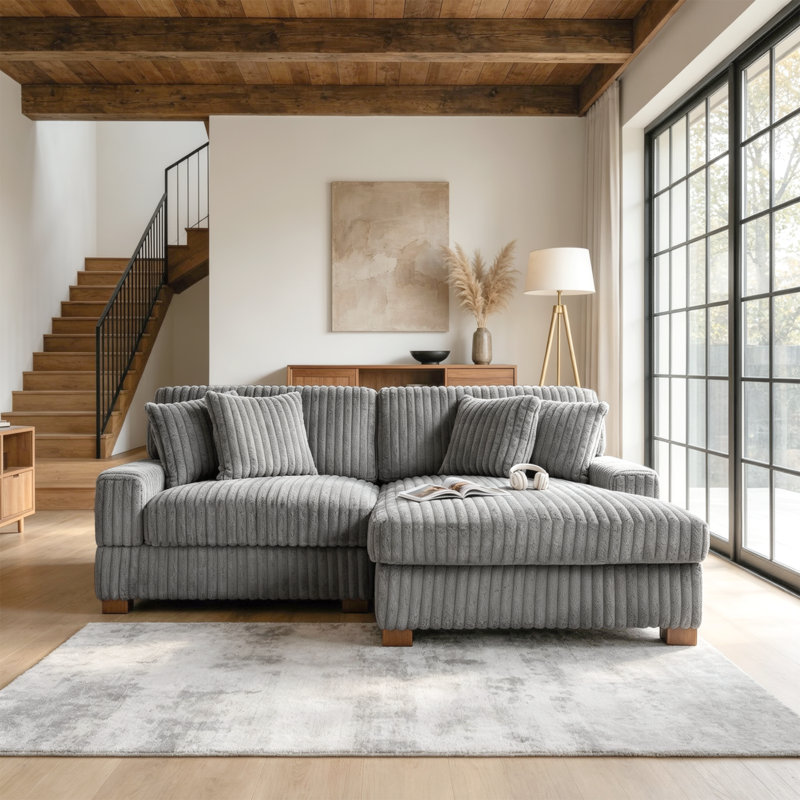 Stephania 2 - Piece Upholstered Light Gray Faux Rabbit Fur Flannel Modular Sectional Sofa with Armrests & Throw Pillows