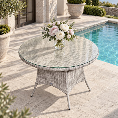 Table de salle à manger d'extérieur en rotin 4 places - Structure en aluminium antirouille, verre trempé de 5 mm et trou pour parasol, table de patio facile à assembler pour terrasse