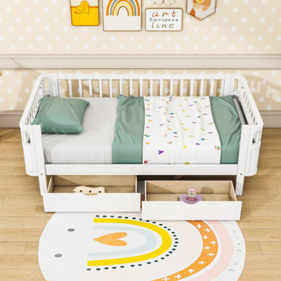 Wood Bed With Ample Storage Drawers And Guardrails