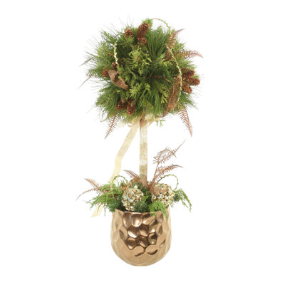 Pine Topiary with Accents of Green & Gold in Gold Planter