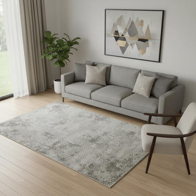 Tapis abstrait gris et blanc 5 pi x 8 pi avec franges