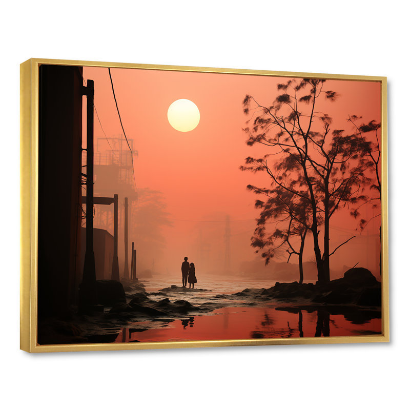 Art industriel mural «Polulation Landscape» - usines, Cadre flottant doré, H 30 po x l 40 po x P 1,5 po