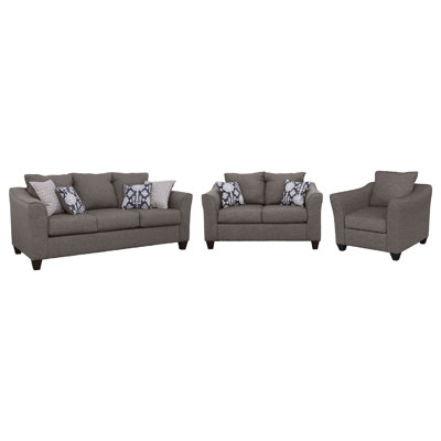 Siya 3Pc Living Room Sofa Loveseat And Chair Set, 6 Accent Pillows, Dark Gray