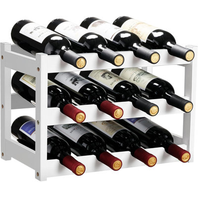 Bamboo Wine Rack, Sturdy and Durable Wine Storage Cabinet Shelf, Wine Racks Countertop for Pantry,Kitchen,3-Tier 12 Bottles Wine Rack White