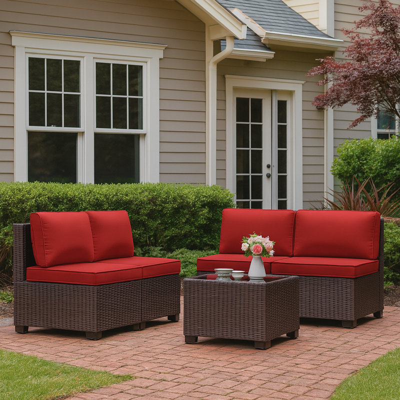 Wicker 4-Person Patio Conversation Sets With Cushions And Coffee Table, Red