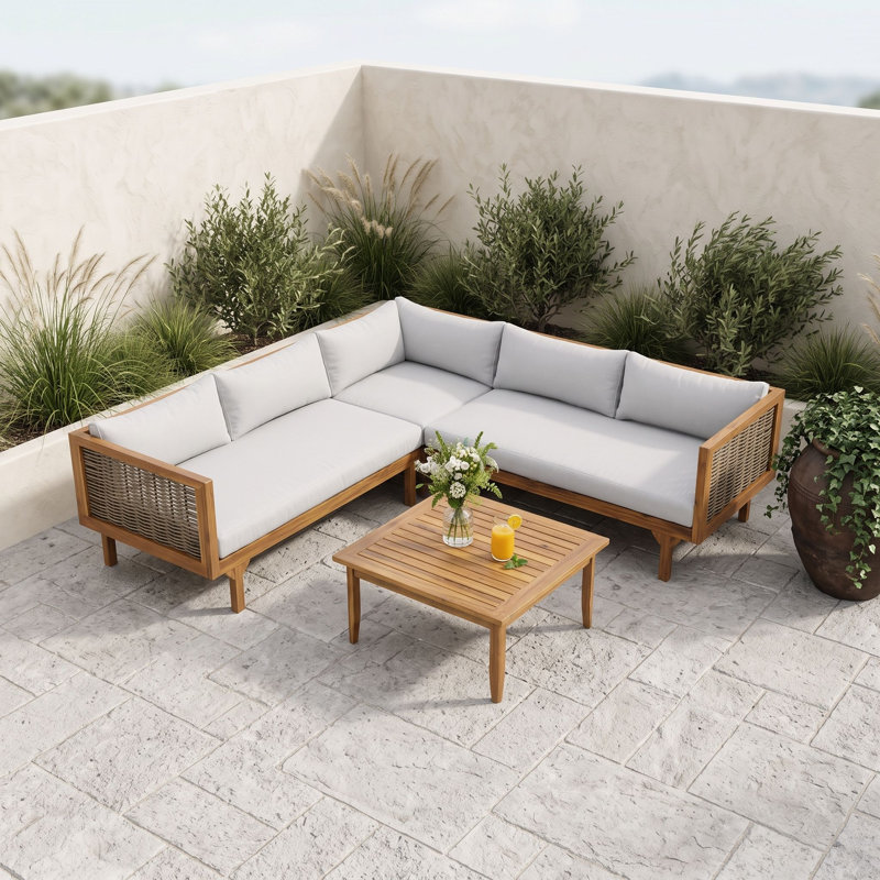 Méridiennes de patio en bois avec chaise d'angle, table et coussins, Gris pâle