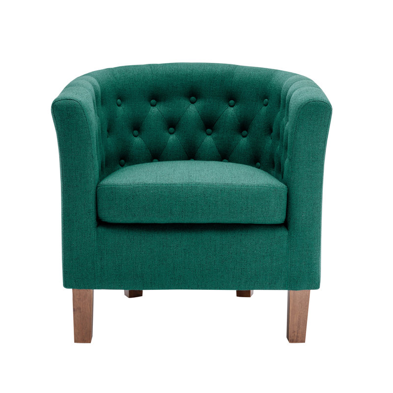 Fabric Barrel Accent Chair with Rubberwood Legs, Green Polyester Blend