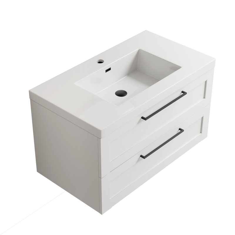 Devillage 35.4'' Wall Mounted Single Bathroom Vanity with Engineered Stone Top, White Lacquer