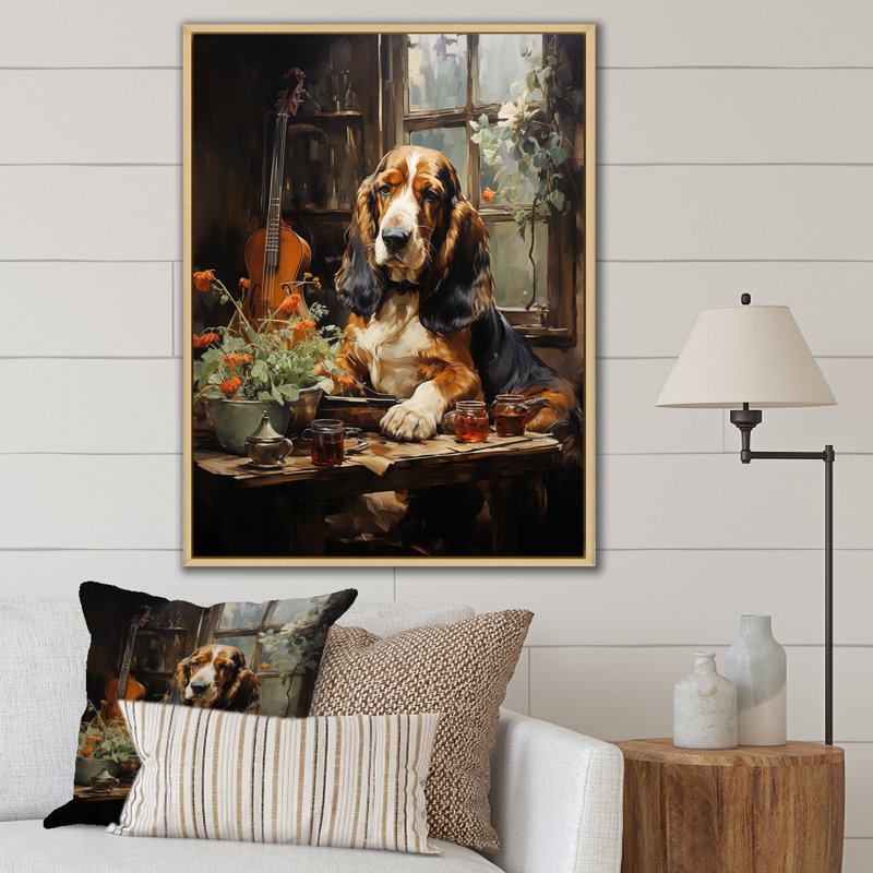 Basset hound Melody I sur toile, Cadre naturel flottant, H 32 po x l 24 po x P 1 po