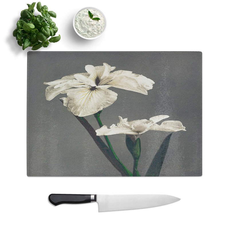 Tempered Glass White Iris Flower by Kazumasa Ogawa Chopping Board, 39 cm W x 28.5 cm L
