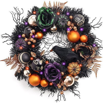 Couronne d'Halloween avec lumières, couronne pré-éclairée avec faux corbeau, citrouille et rose, décoration de porte d'entrée effrayante pour la fête, le mur, la fenêtre et la décoration saisonnière