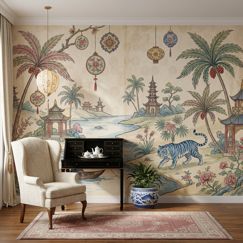 Papier peint paysage asiatique, paysage de rivière, pagode, 120 po x 96 po, Peler et coller