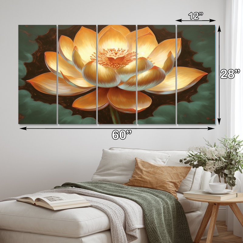 Golden Blooming Retro Lotus - Lotus Wall Art Living Room - 5 panneaux égaux