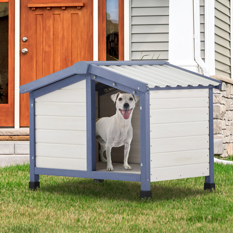  Petite niche pour chien, niche pour toit en PVC imperméable pour petits chiens de 33 po, petite maisonnette avec repose-pieds réglable et rabat de porte, blanc