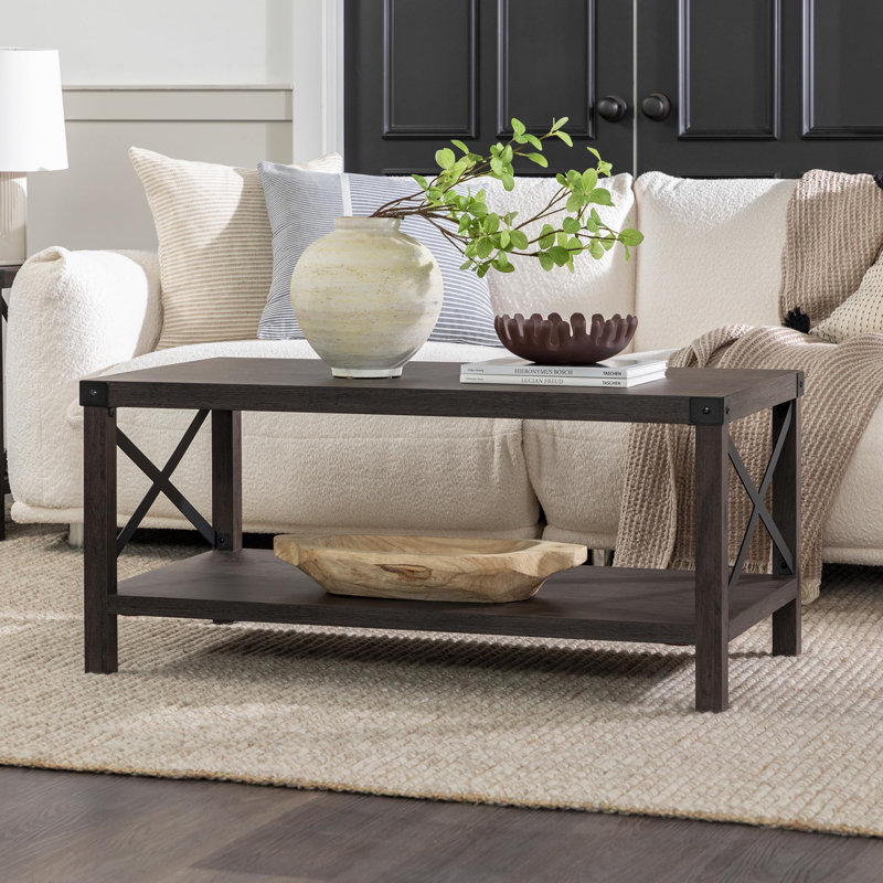 Table basse Farmhouse, design industriel, tablette inférieure, gris sable