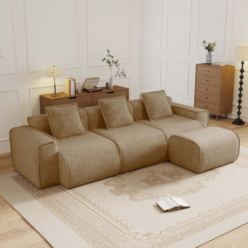 Canapé modulaire en velours 3 places avec coussins décoratifs et 1 repose-pieds, Brown, 31.1" H x 108.66" W x 59.84" D