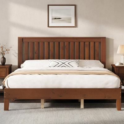 Bilal Solid Wood King Platform Bed with Vertical Slat Headboard and Wooden Slat Support, Walnut