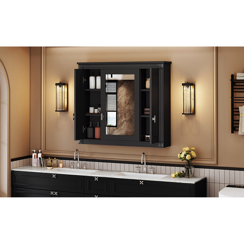 Modern Black Wall Mounted Mirror Cabinet For Bathroom, 5 Adjustable Shelves, High - Definition Mirror, Exquisite Design, Multiple Storage Bathroom With 3 Doors, Style, Quality , Easy To Assemble
