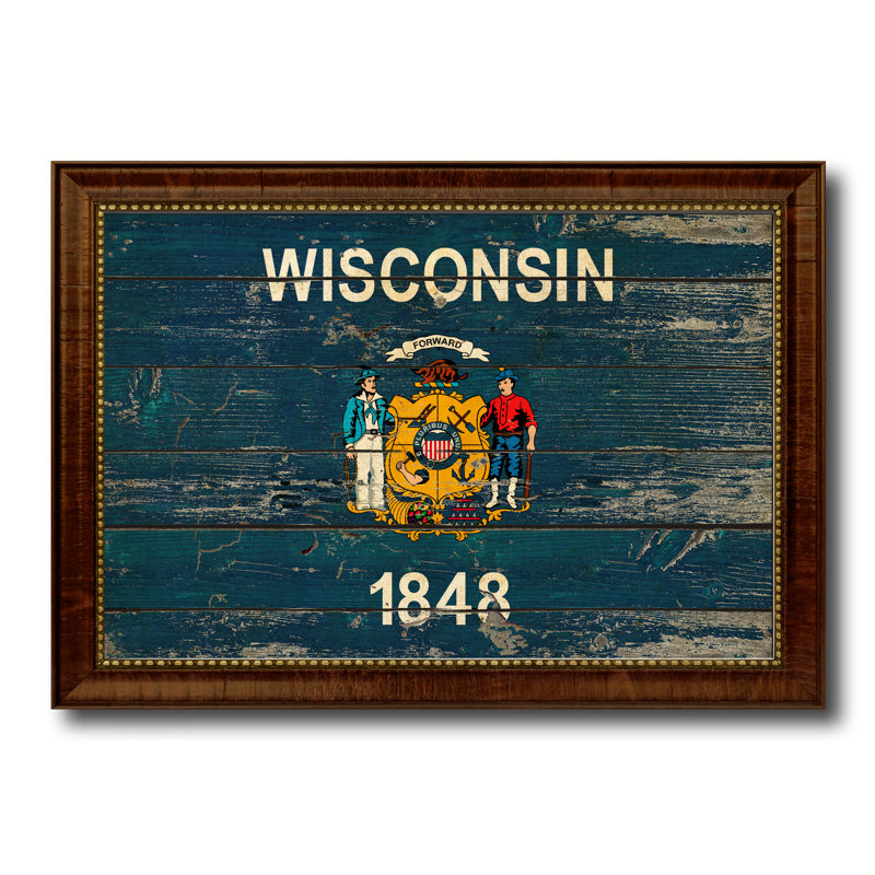 «Wisconsin State», impression de drapeau rétro avec cadre brun doré, 23 x 33