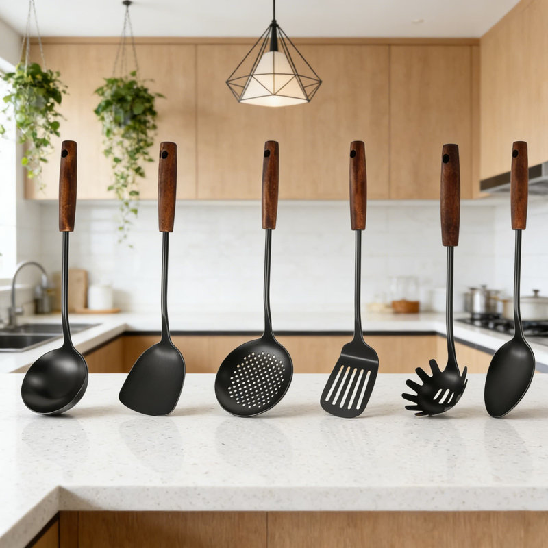Ensemble d'ustensiles de cuisine 6 pièces en acier inoxydable avec poignée en bois, ustensiles de cuisine de qualité professionnelle 304, résistant à la chaleur, lavable au lave-vaisselle pour un nettoyage facile