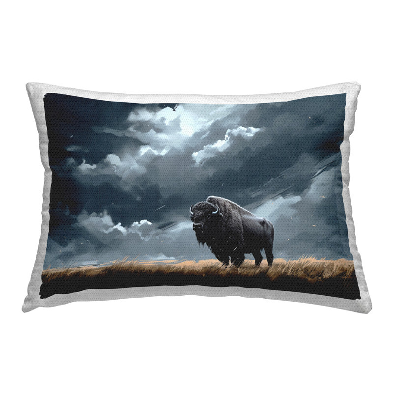 Bison Silhouette with Clouds Printed Outdoor Throw Pillow Design by Roozbeh Bahramali