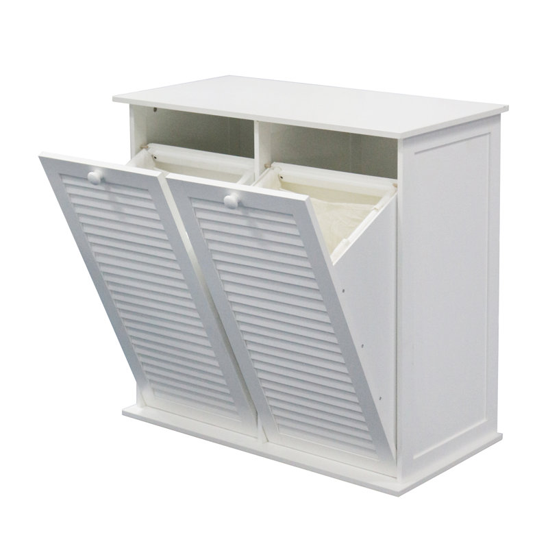 Linen 28.75" H x 15.25" W Dual Hamper Cabinet Tilt-out Laundry Hamper with 2 Removable Compartment Cotton Bags, White
