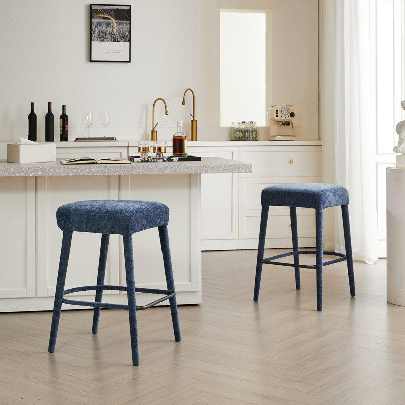 2 tabourets de bar en tissu bleu sans dossier, 2 sièges rembourrés confortables, des pieds, pour le pub et la salle à manger, revêtus d'un tissu de bonne qualité, avec repose-pieds
