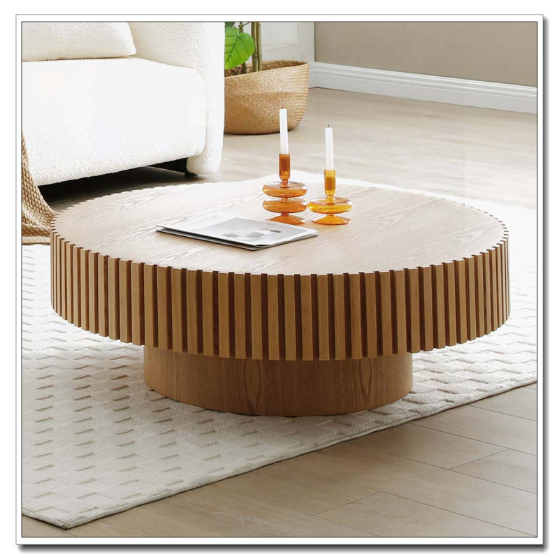Round Coffee Table with Sturdy Pedestal, 13.77" H x 35.43" L x 35.43" W, Natural Ash