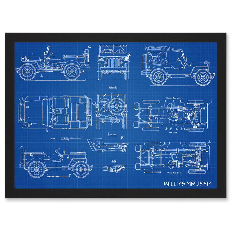 Willys MB US Army Military Jeep Vehicle Blueprint Plan - Single Picture Frame Print