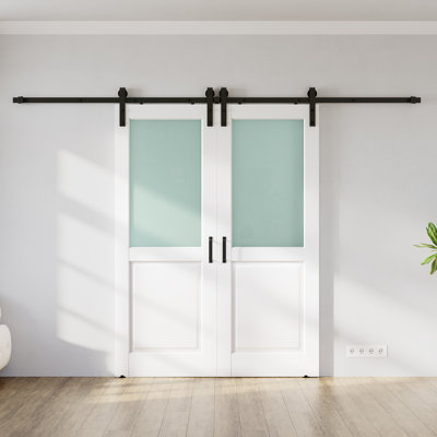 Portes de grange doubles 80 po en bois massif avec verre semi-givré et ensemble de quincaillerie (dalle pré-assemblée) 80 po
