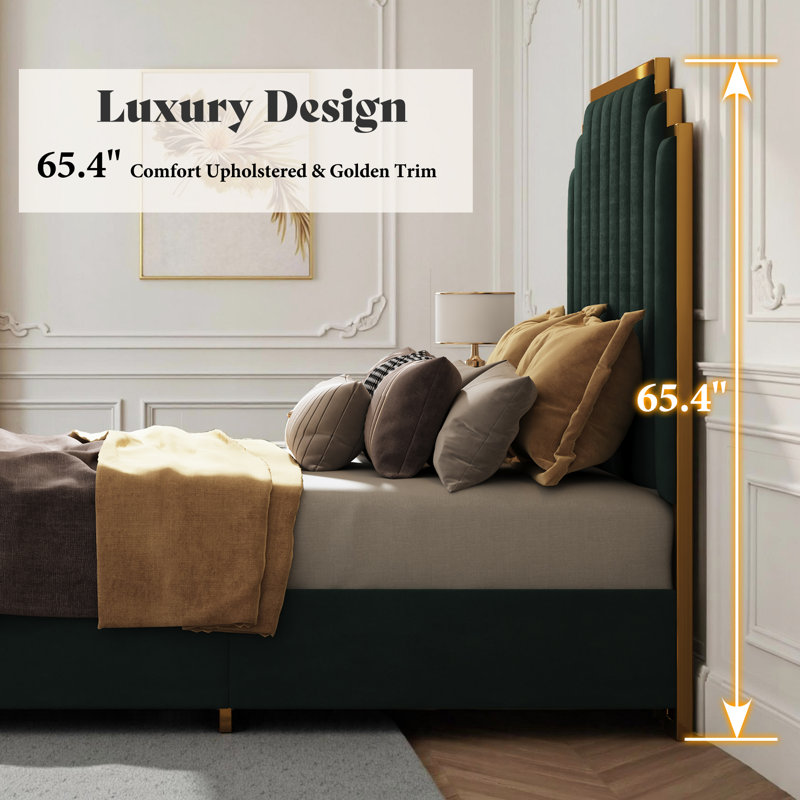 Grand lit plateforme tapissier Duncanville, crème, Grand, Vert
