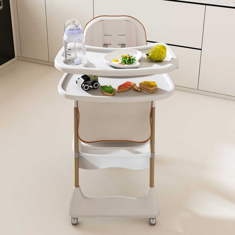 High Chair With - Tip Base, Five Point Belt, Silent Lockable Wheels, White Multi Functional Dining Seat For 6 Months To Years, Dual Layer Tray, 5 Level Adjustment,