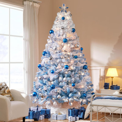 Arbre de Noël artificiel 7,5 pi avec 550 lumières blanches incandescentes pré-éclairées, arbre de Noël illuminé enneigé avec 1284 branches et support pliable, dégradé bleu lac