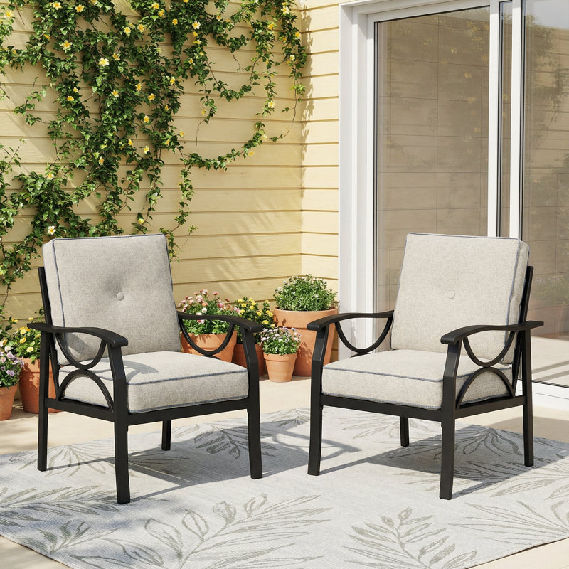 2-Piece Metal Patio Chair with Cushions, Black Frame/Khaki Cushion