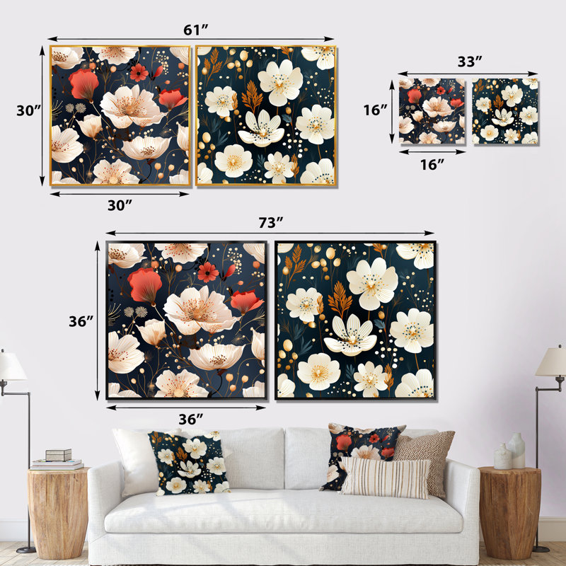 Hetre - Ensemble de salon mural floral 2 pièces, Toile tendue, H 16 po x l 33 po x P 1 po