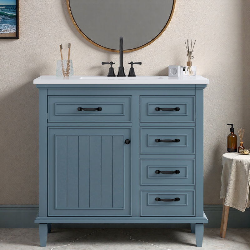 Meuble-lavabo de salle de bain avec lavabo en céramique, armoire, tiroirs, tablette réglable et poignées en alliage de zinc
