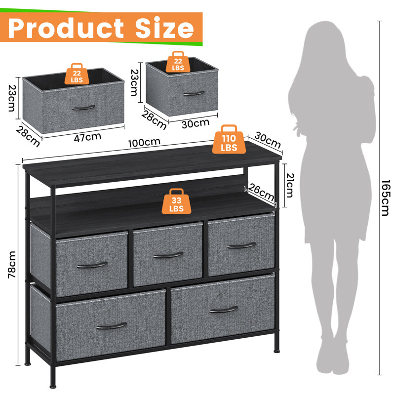 100cm W 5 - Drawer Chest of Drawers, Deep Grey