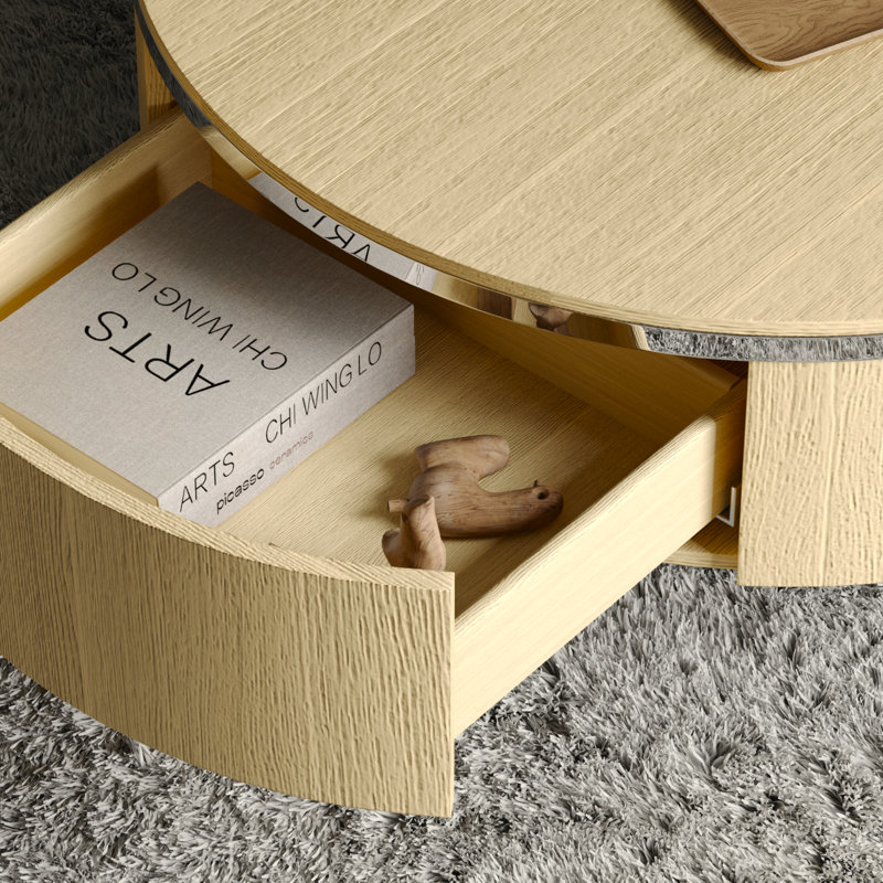 Round Nesting Coffee Table , Light Yellow Wood, Silver