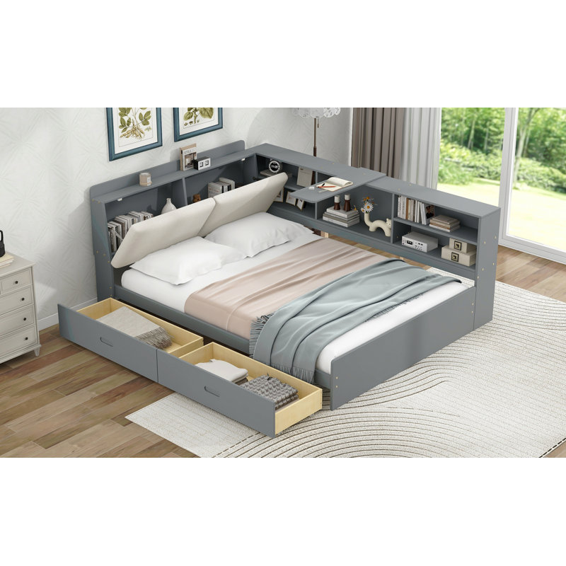 Lit plateforme en bois avec tête de lit avec rangement, tablettes et 2 tiroirs, Gris, Complet/Double