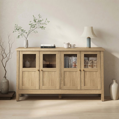 Buffet en bois naturel de 55,1 pouces avec 4 portes en acrylique et tablettes réglables