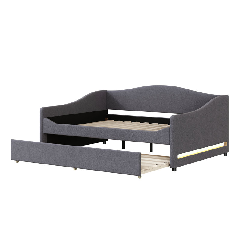 Lit de jour moderne pleine grandeur avec molleton gris et lit gigogne multifonctionnel, Gris, Complet/Double