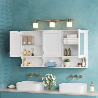 Armoire à pharmacie 55 po avec tablettes ouvertes, rangement mural avec portes et miroir, tablette réglable, armoire de rangement pour salle de bain au-dessus de la toilette