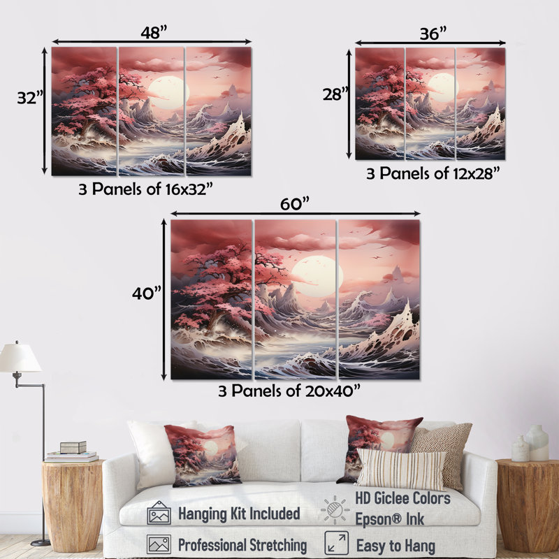 Paysage de tempête océan Japon - ensemble de décorations murales tempêtes, H 28 po x l 36 po x P 1 po, Toile tendue